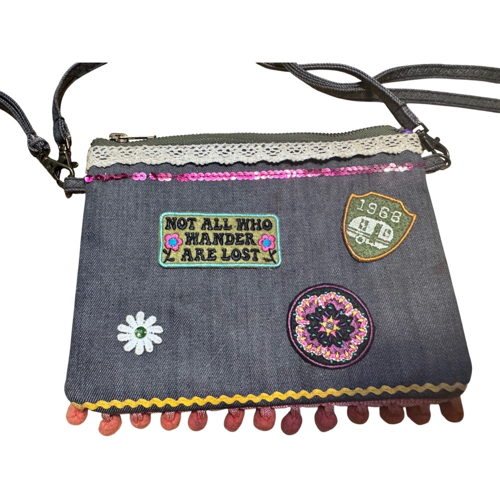 Natural Life Denim Crossbody Bag Wander Are Lost Boho Patch Pom Pom Fringe